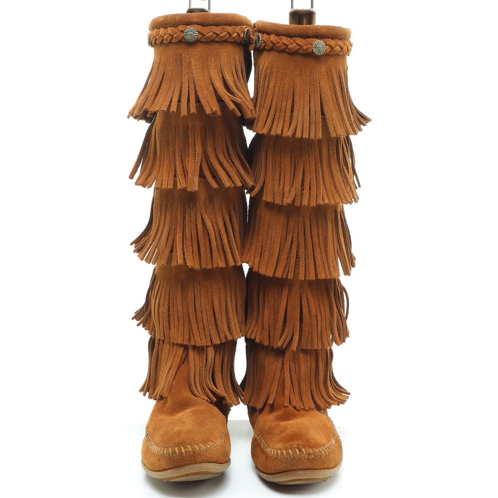 Minnetonka 5 Layer Fringe Suede Leather Moccasins Women 6 Brown - Picture 4 of 15